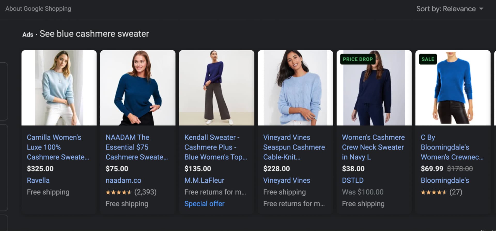 Google ads for blue cashmere sweater