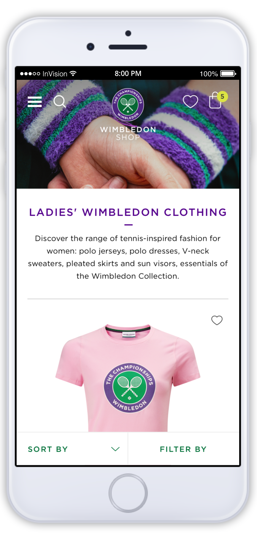 image of pink tshirt with wimbledon logo for sale on online store viewed on a tablet