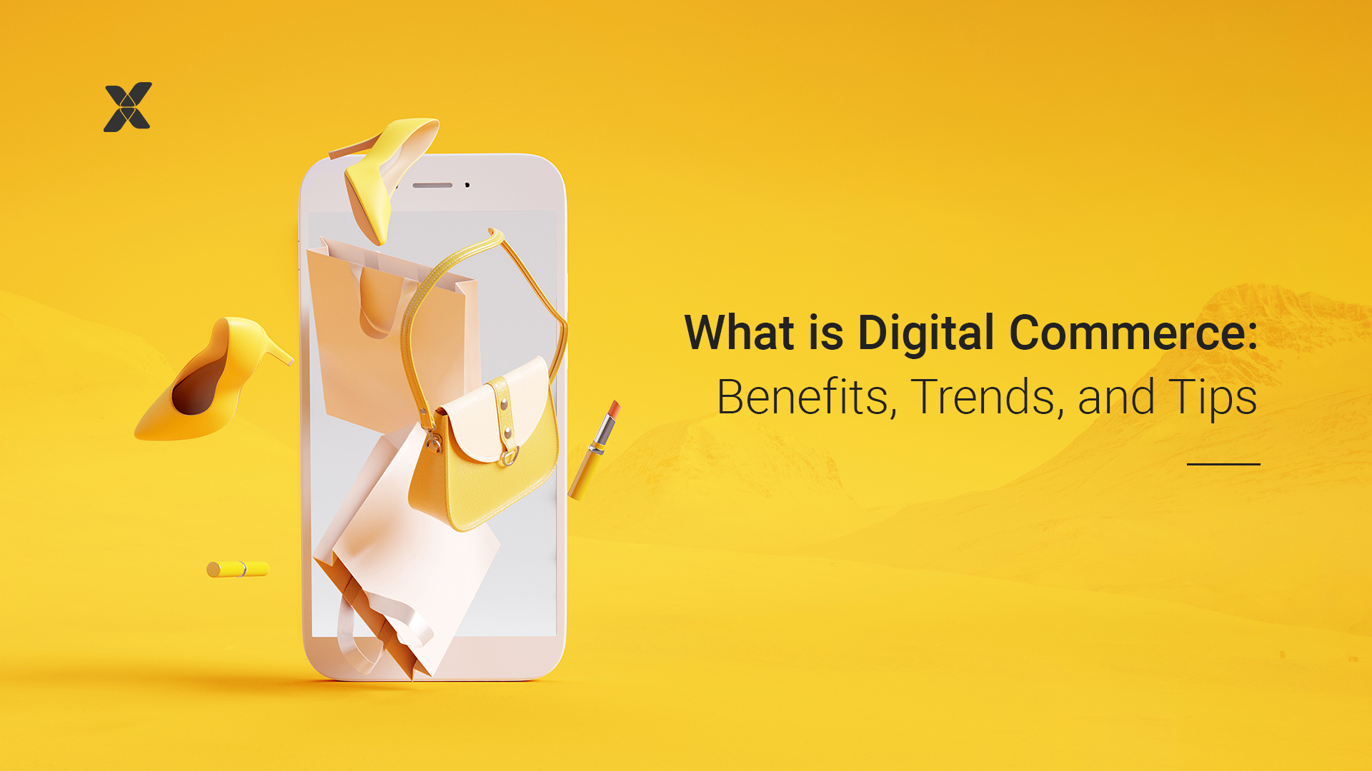 Abstract image by Vaimo with title "What is Digital Commerce: Benefits, Trends, and Tips."