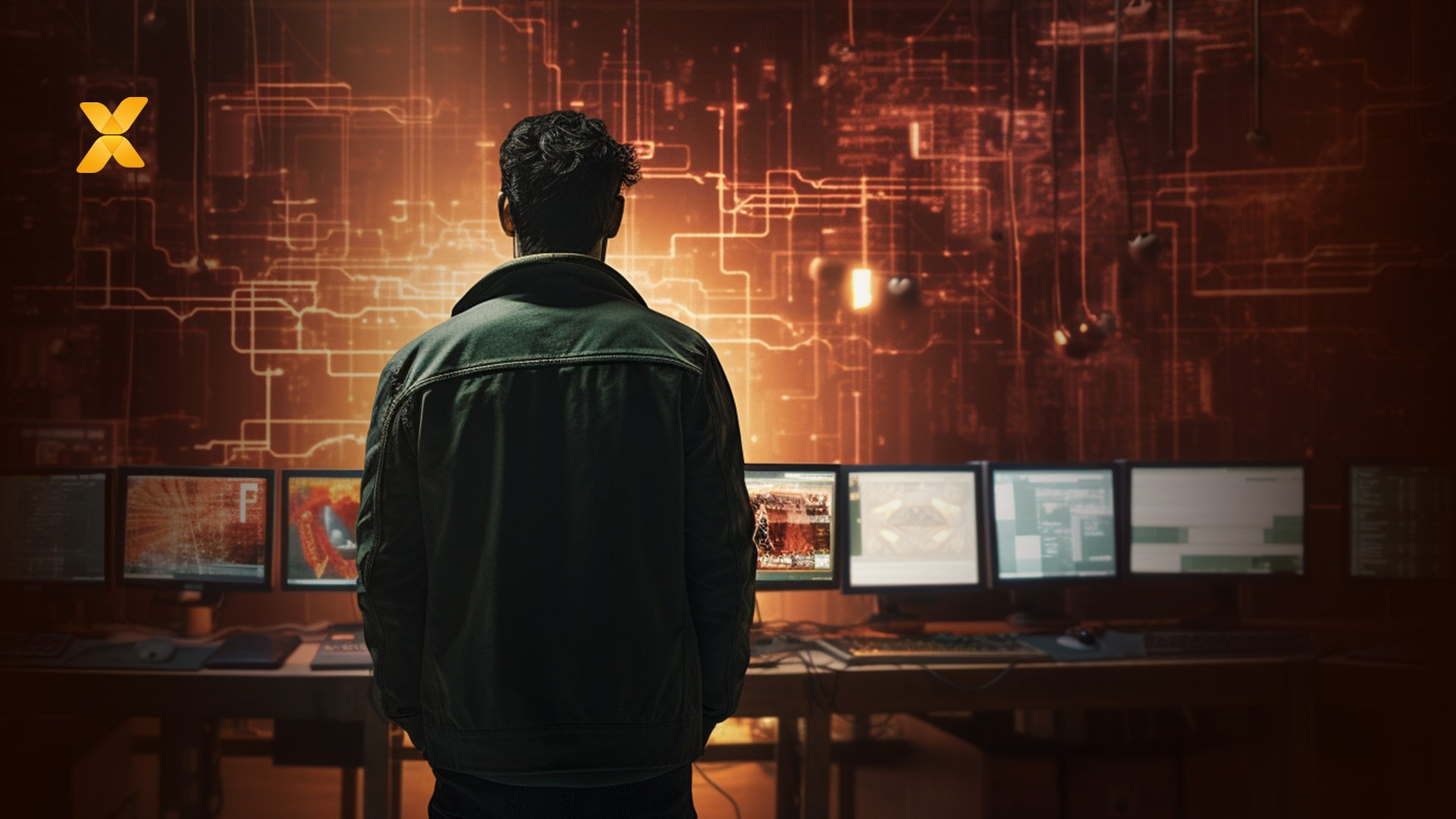 Image of man standing in front of computer screens