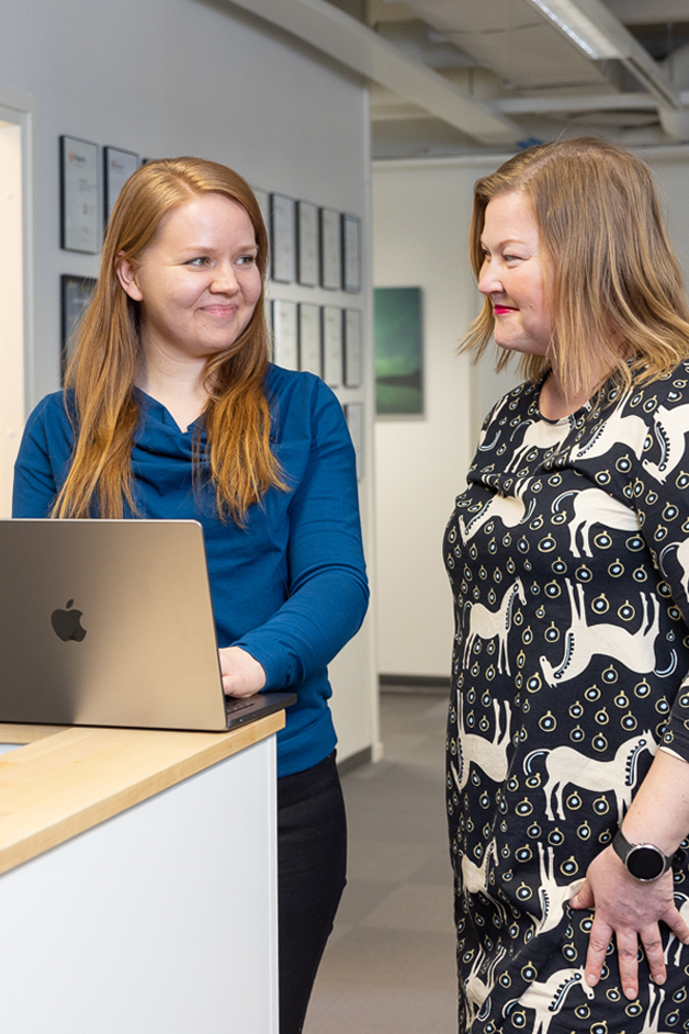 Vaimo employees working together at a laptop.