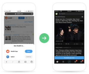 Seamless cross-platform experiences shown through pop-ups that ask if the user wants to see the content in the native app.