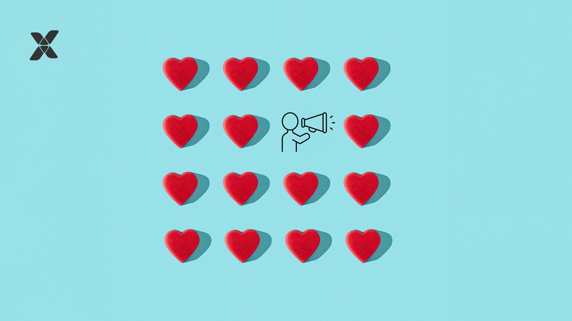image of red hearts on a blue background arranged in a square with one space filled with a drawn person with a loundspeaker