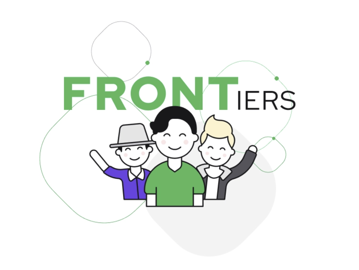 Image de l'initiative "FRONTiers" de Vue Storefront qui montre des dessins animés de différents types de personnes ensemble.