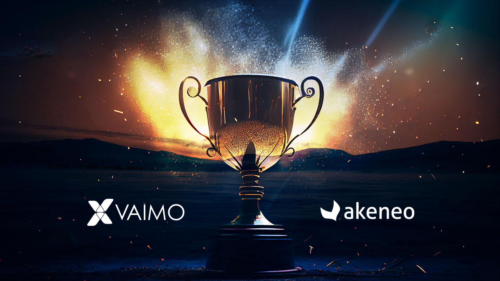 Abstract image with award in center and Vaimo and Akeneo logos surrounding it.