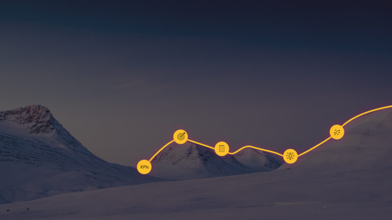 connected yellow dots with a grey mountain background