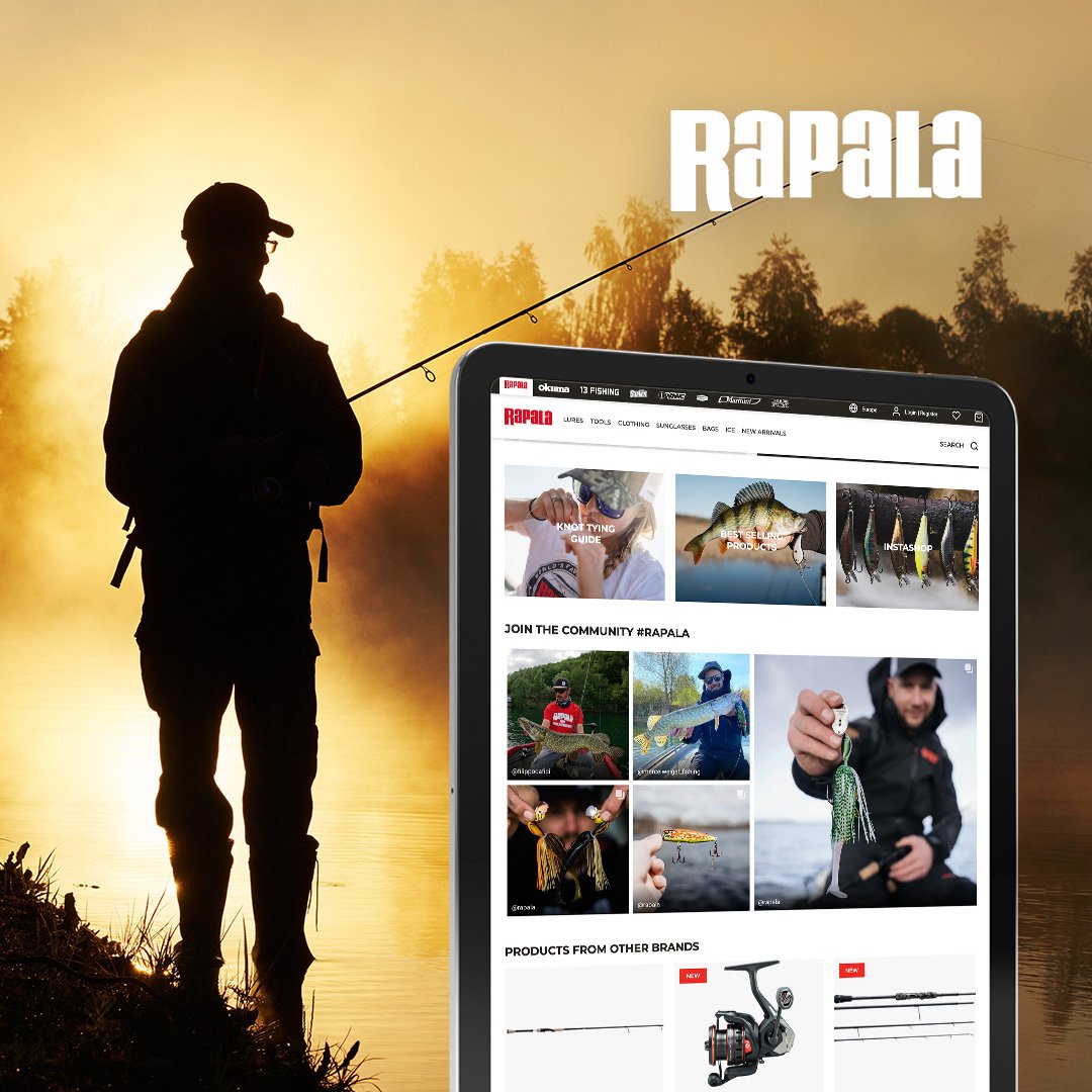 image of fisherman and ipad displaying rapala website