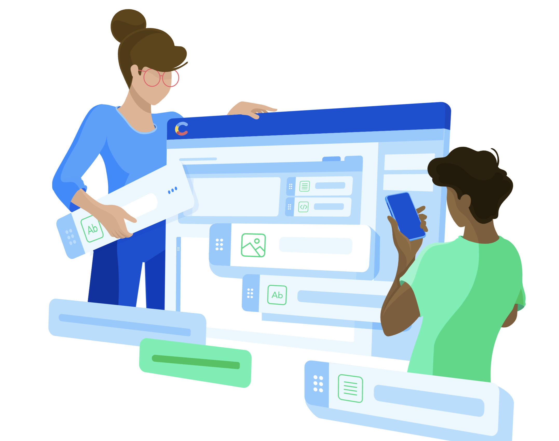 Contentful illustration with people working on a big computer screen