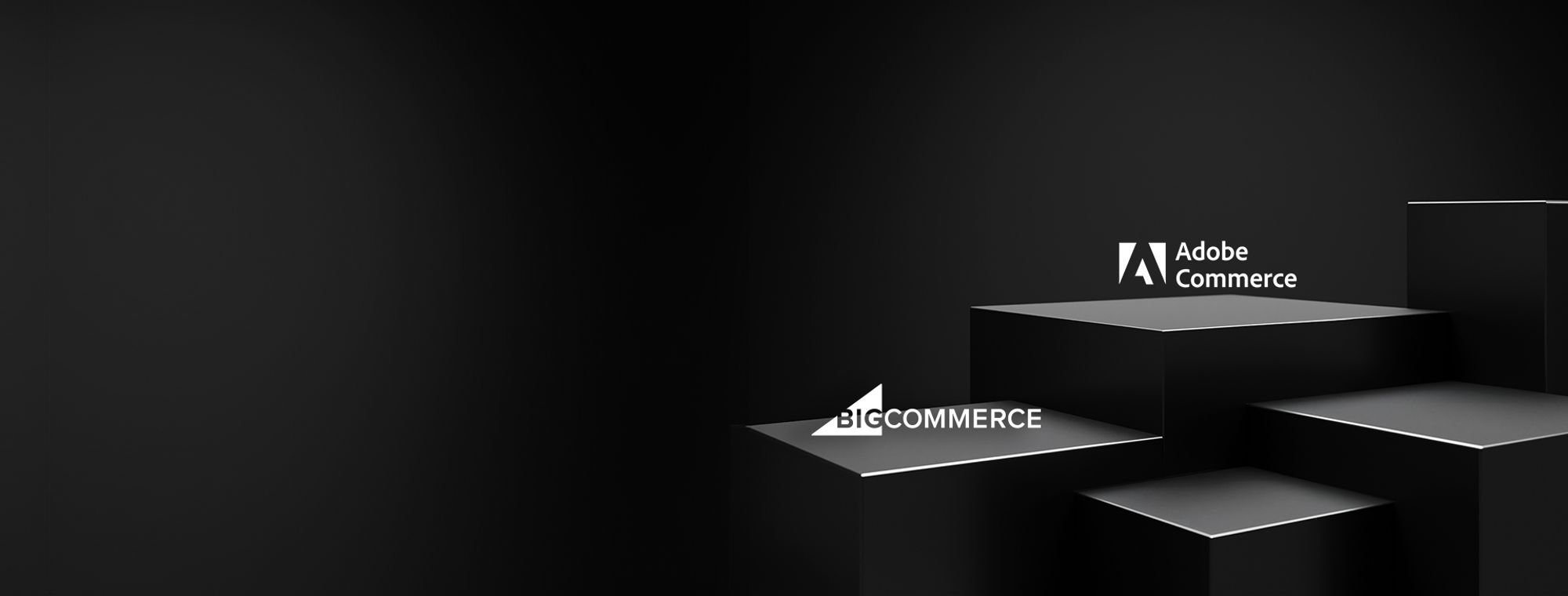 Adobe Commerce logo and BigCommerce logos on pedestal (abstract image)