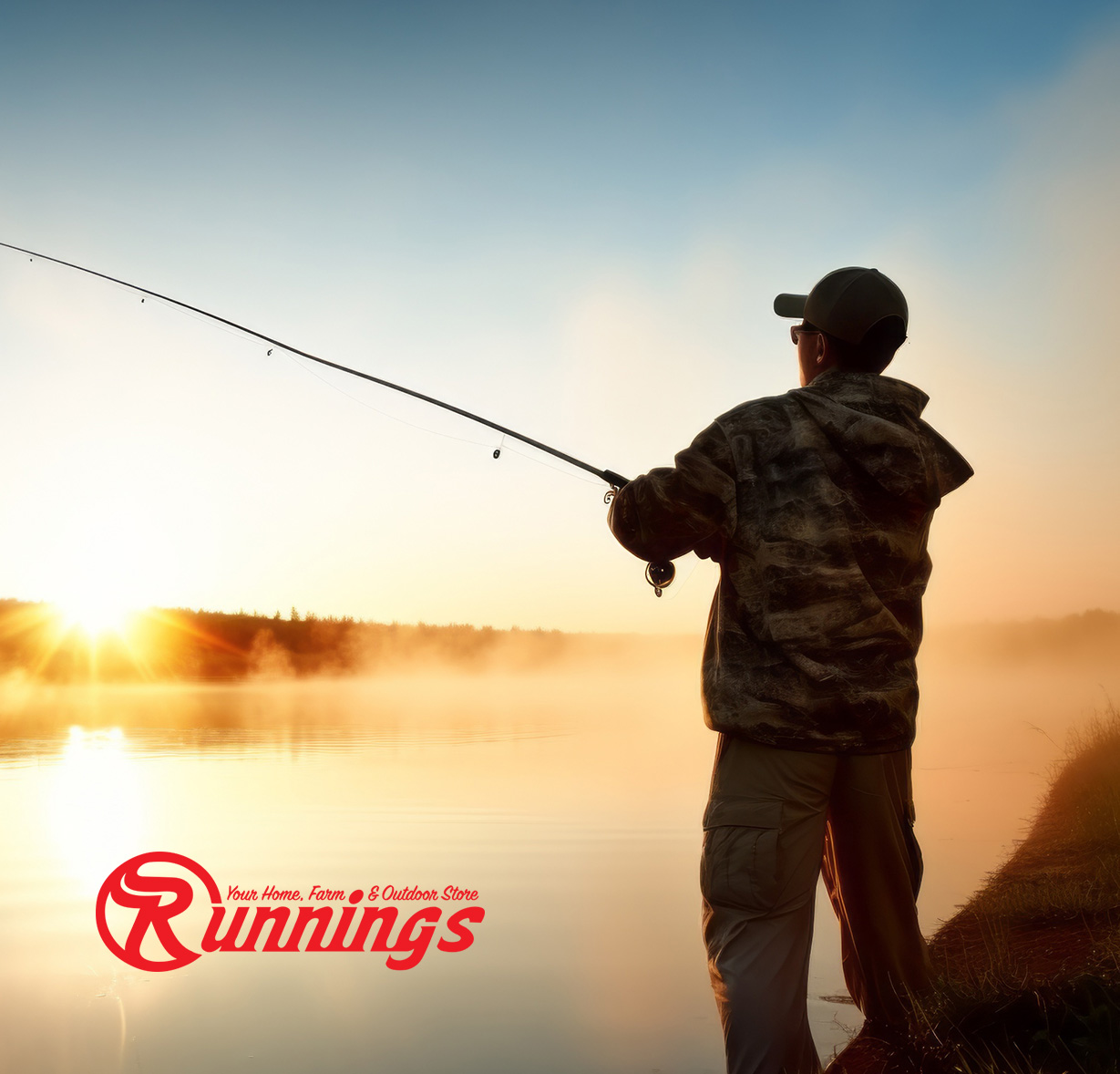 Runnings logo against photo of man fishing