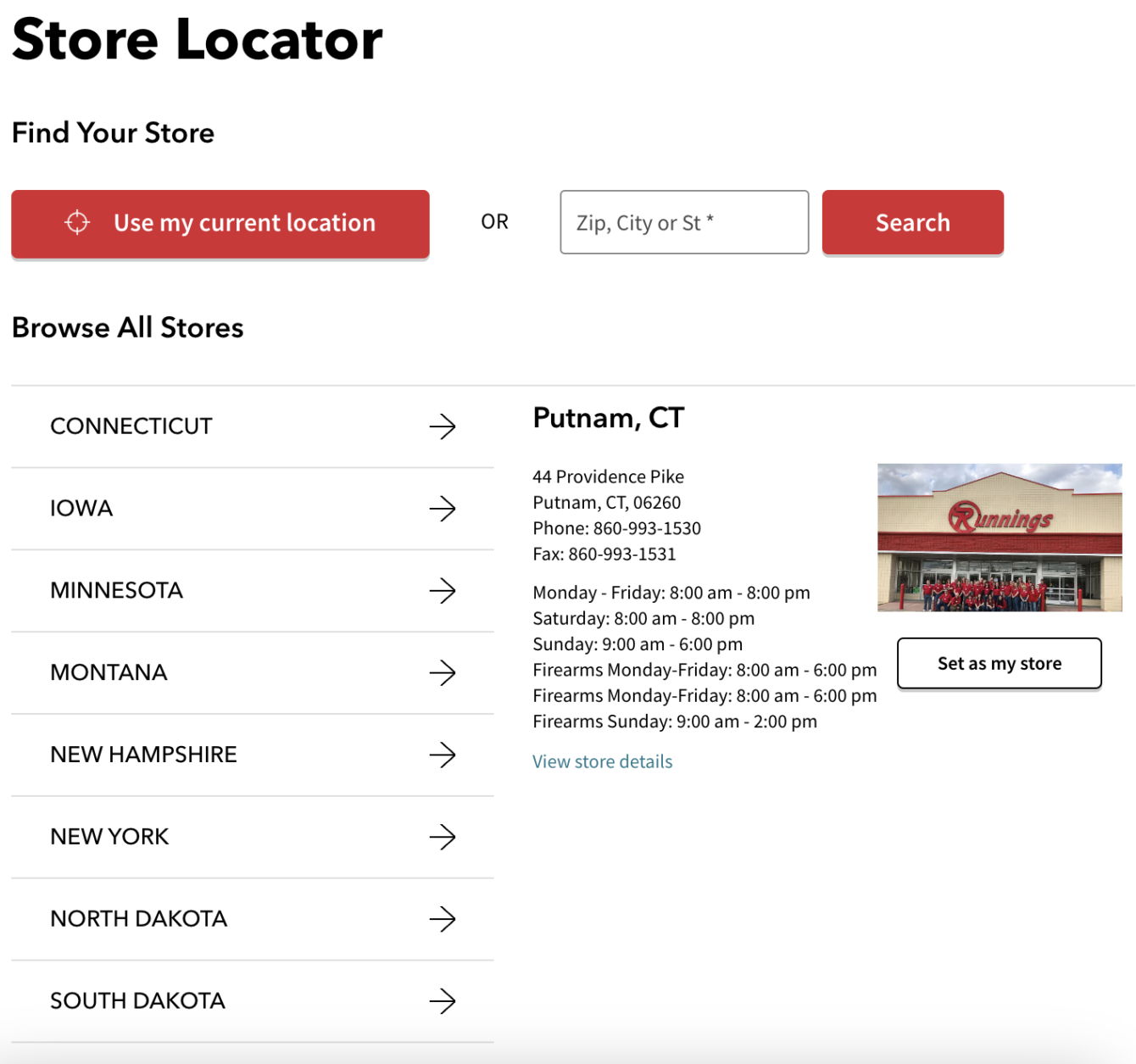 Image of Runnings store selector on their website
