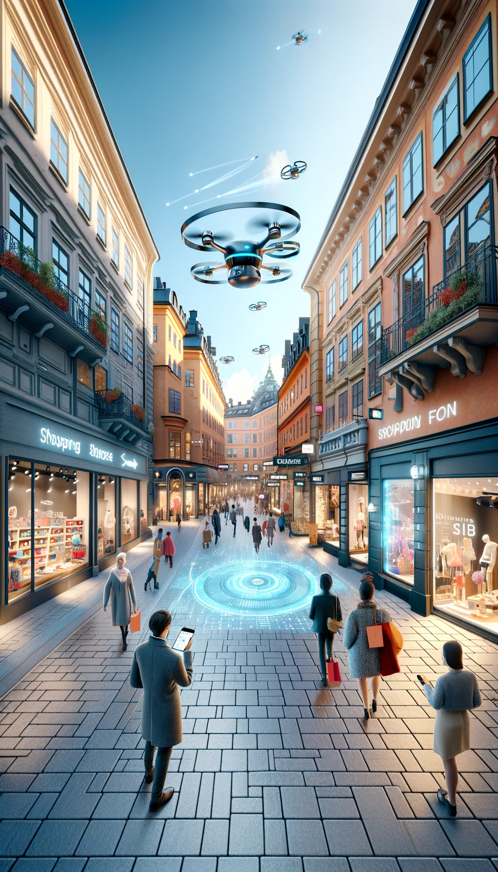 DALL·E 2023-12-21 17.07.32 - En modern, livlig shoppinggata i Sverige, med en futuristisk twist för att illustrera temat e-handel och användningen av AI bland företag i Sverige.