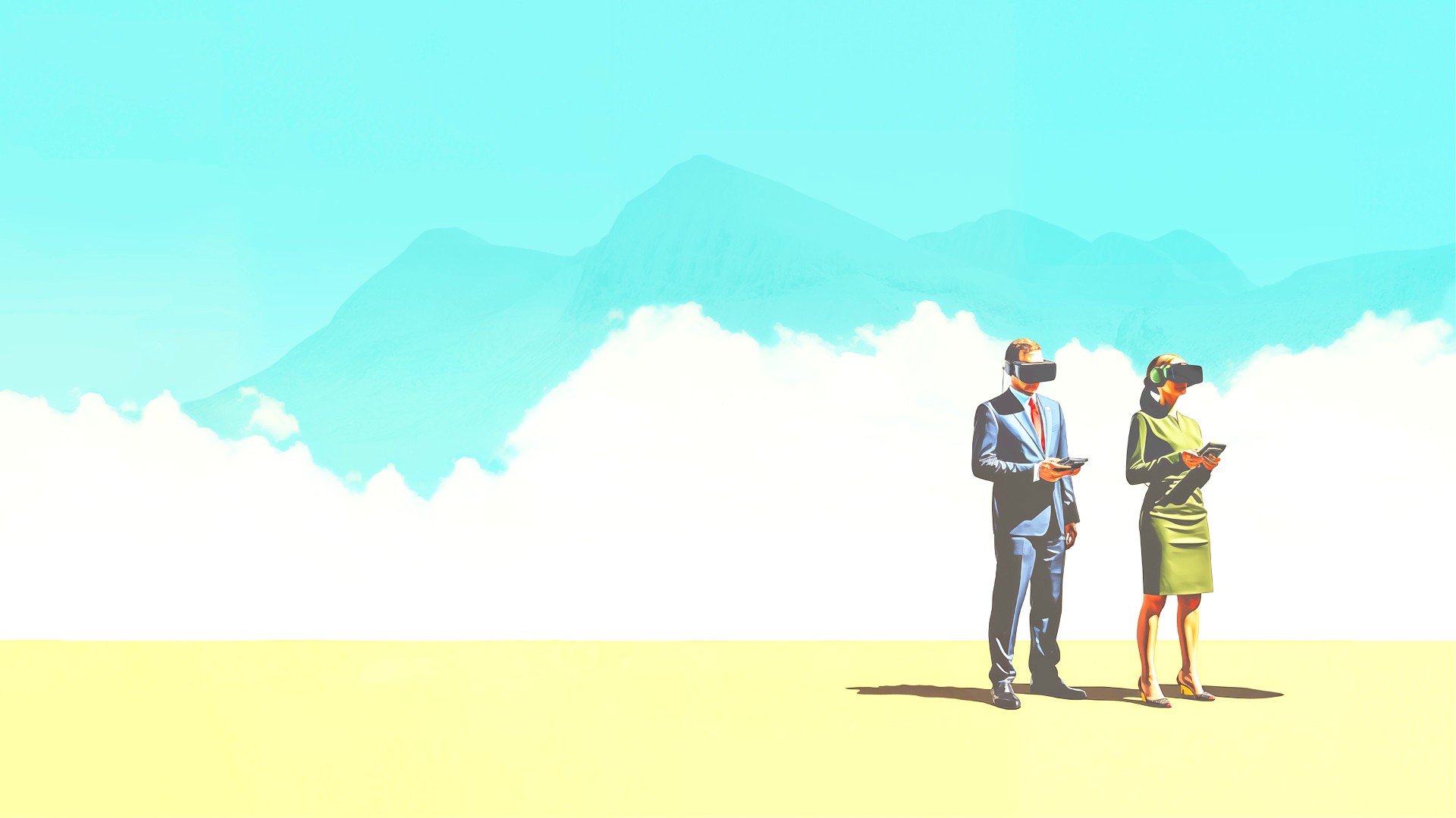 Image of two people standing with VR goggles on in the desert