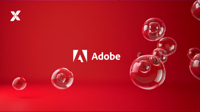 image of white adobe logo on red background with white vaimo logo and bubbles