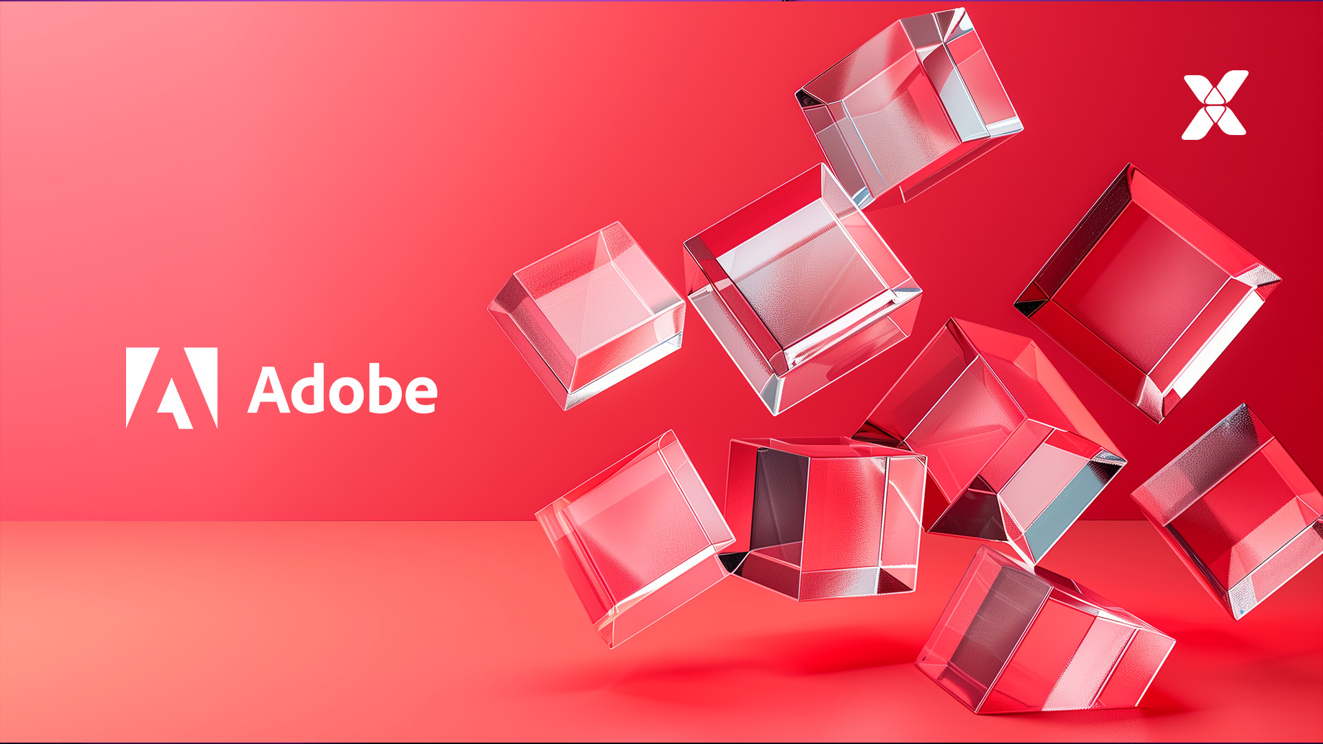 image of white adobe and vaimo logos on red background with clear cubes