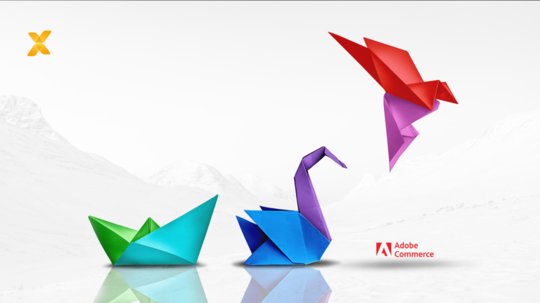 image of three paper cranes in green blue and red in various stages of flight with vaimo and adobe logos