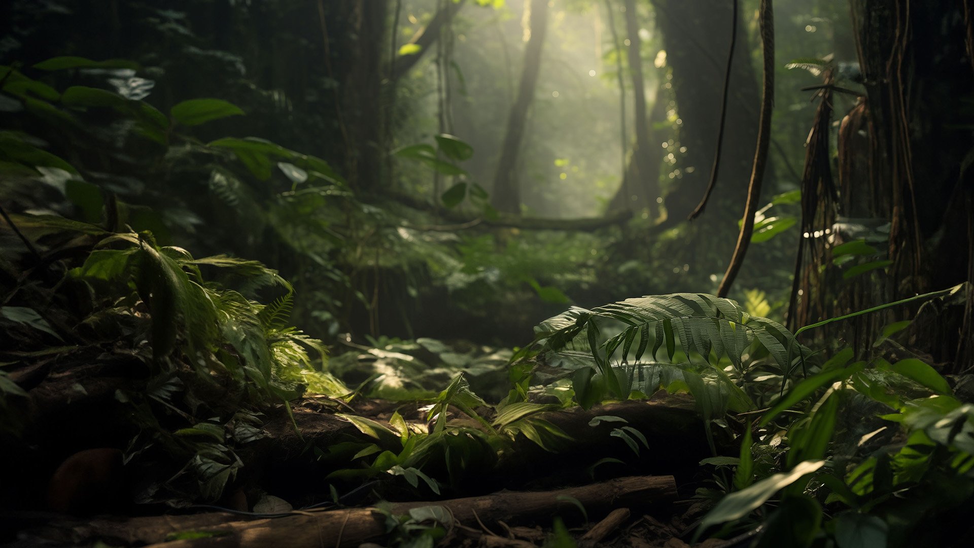 image of dim jungle setting with light filtering through trees