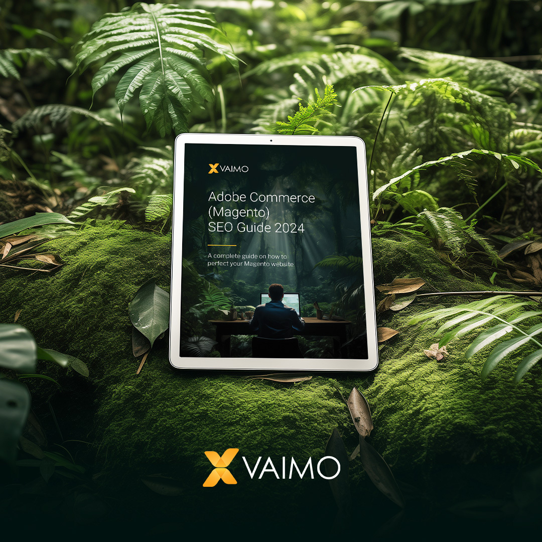 image of tablet in jungle setting with vaimo logo and cover of ebook