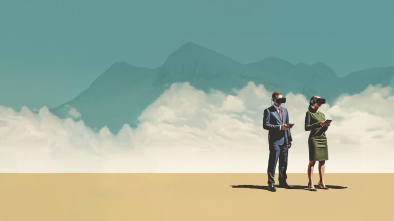 Trends Report abstract image of two people standing in the desert with VR goggles on