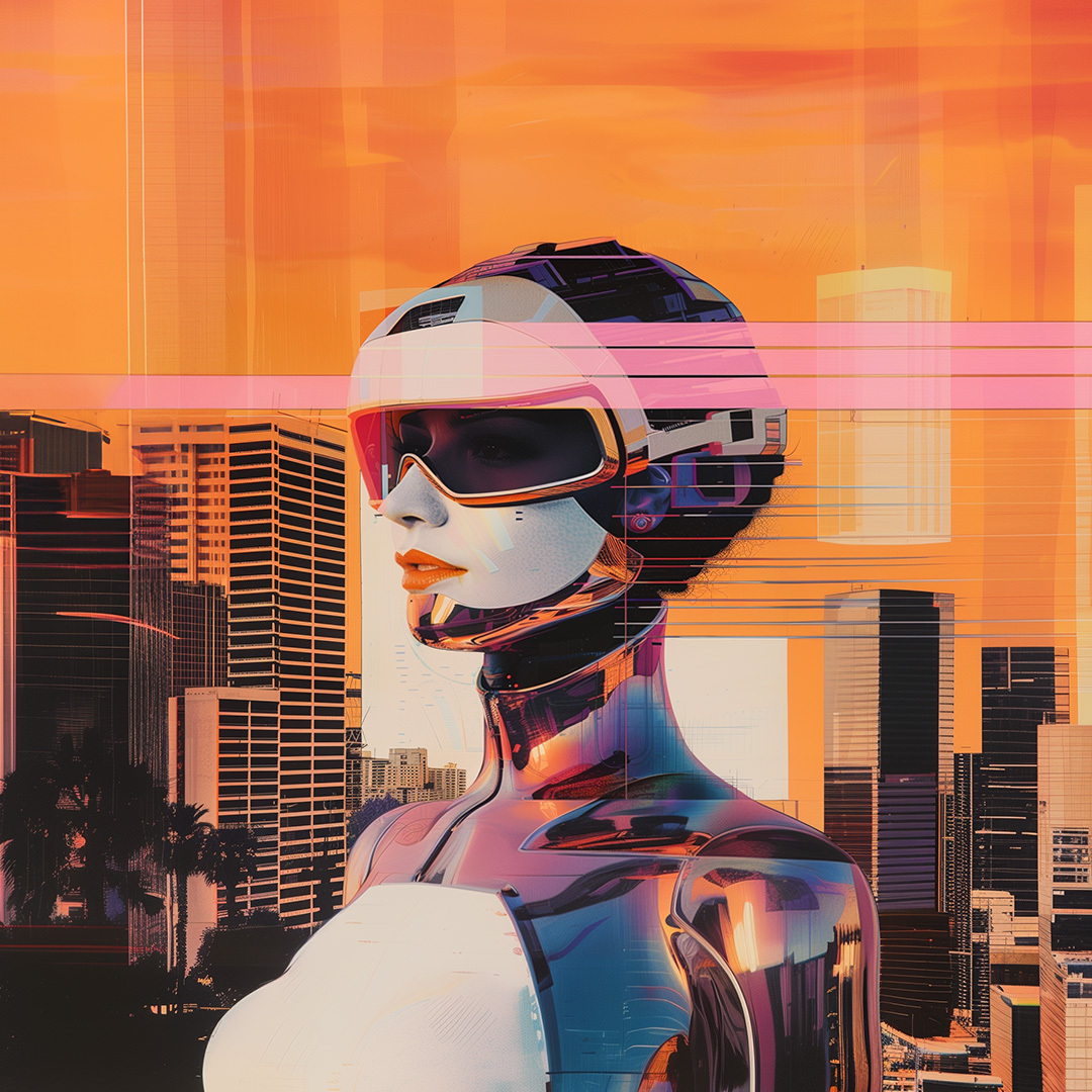 Image of futuristic robot in orange cityscape background