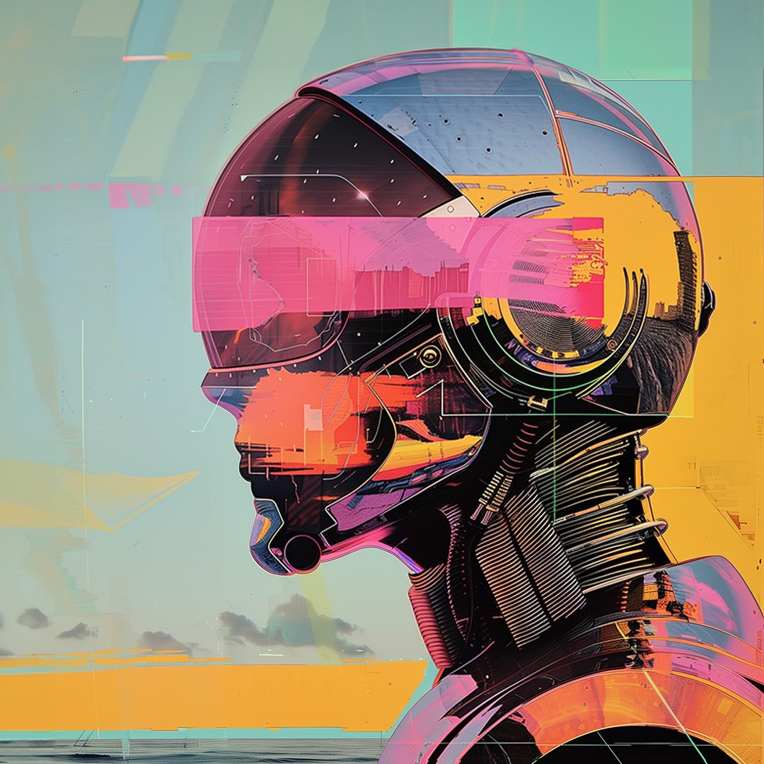 image of futuristic robot head on turquoise background