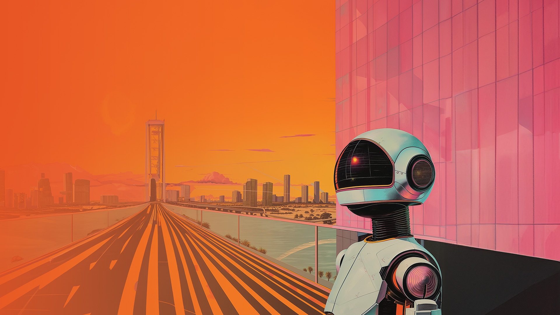 Image of futuristic city in the background with a robot in the foreground