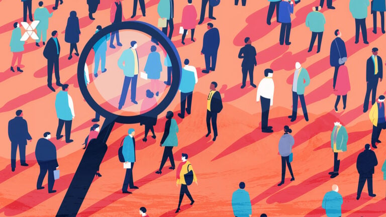 image of magnifying glass over illustrated crowd of people on red surface