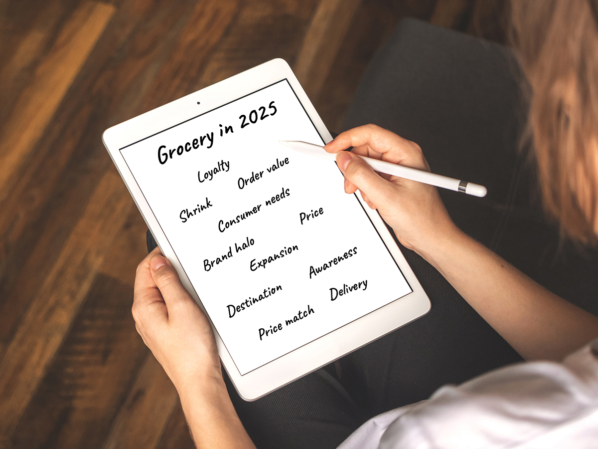 Image showing a person looking at a tablet screen with ecom grocery challenges written across it