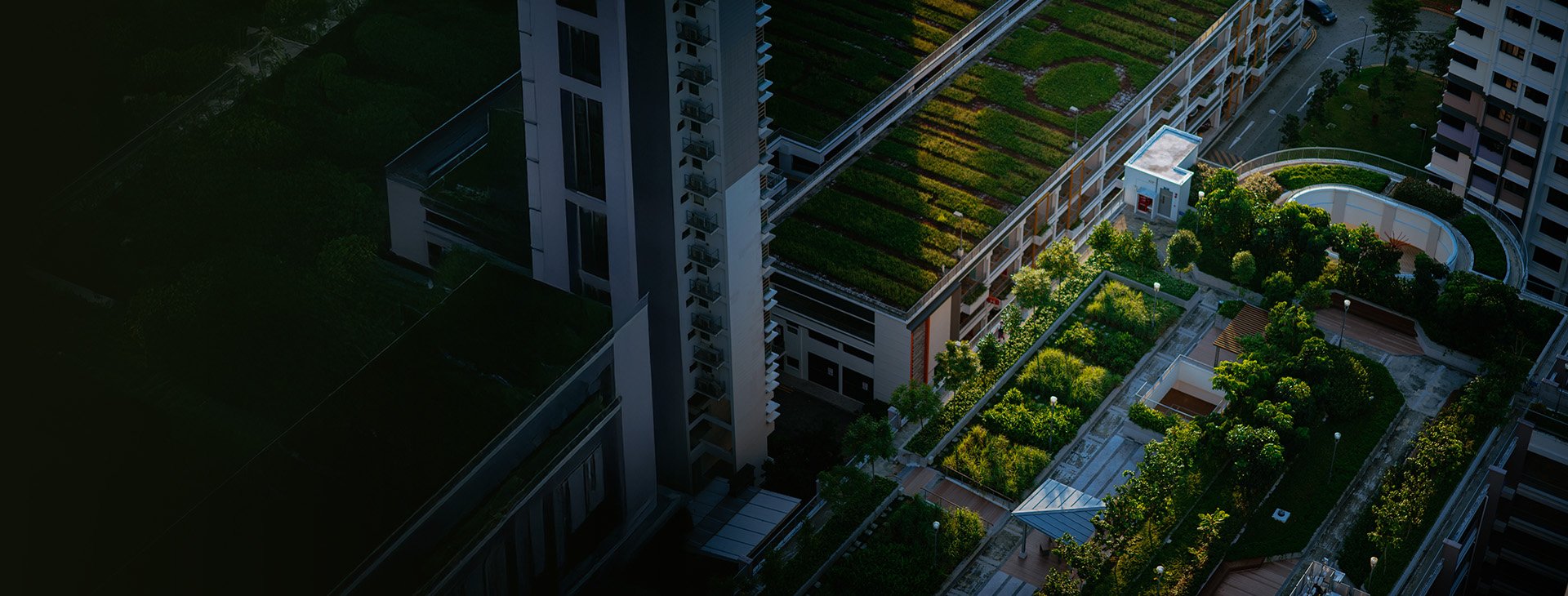 Aerial view of an urban area with lots of greenery