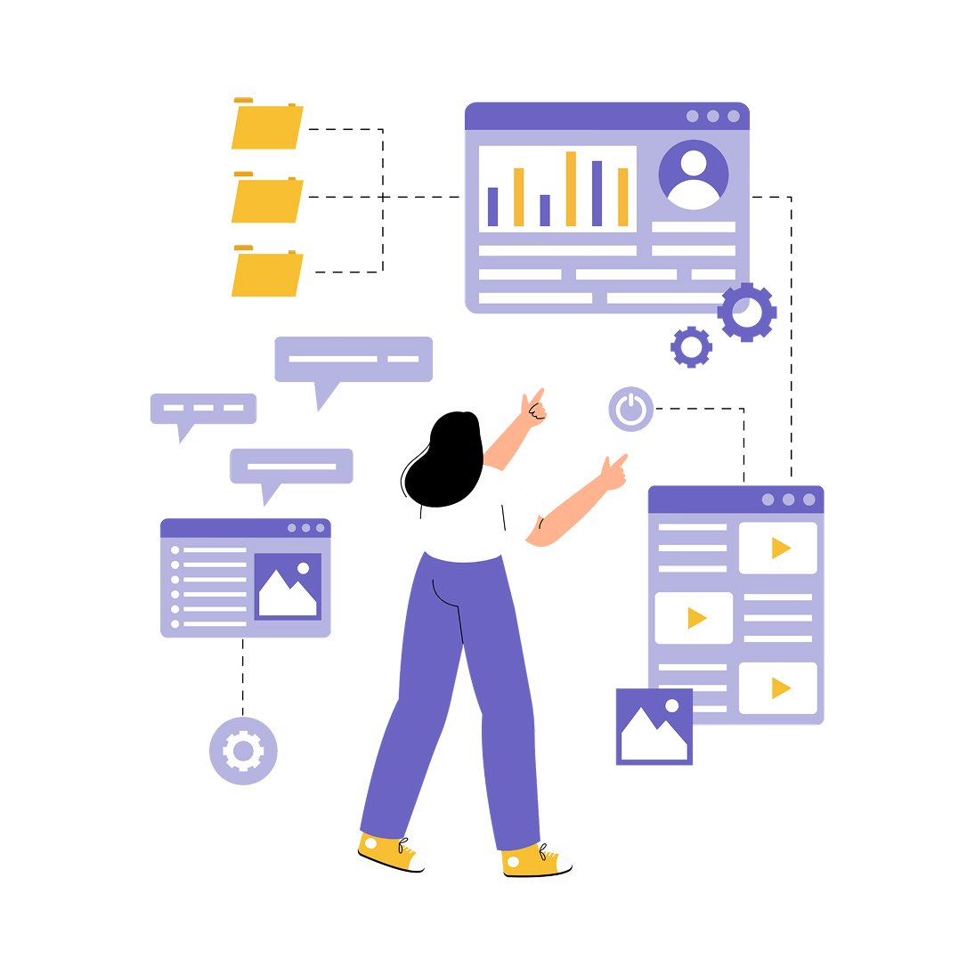Illustration of a woman looking at different screens and dashboards