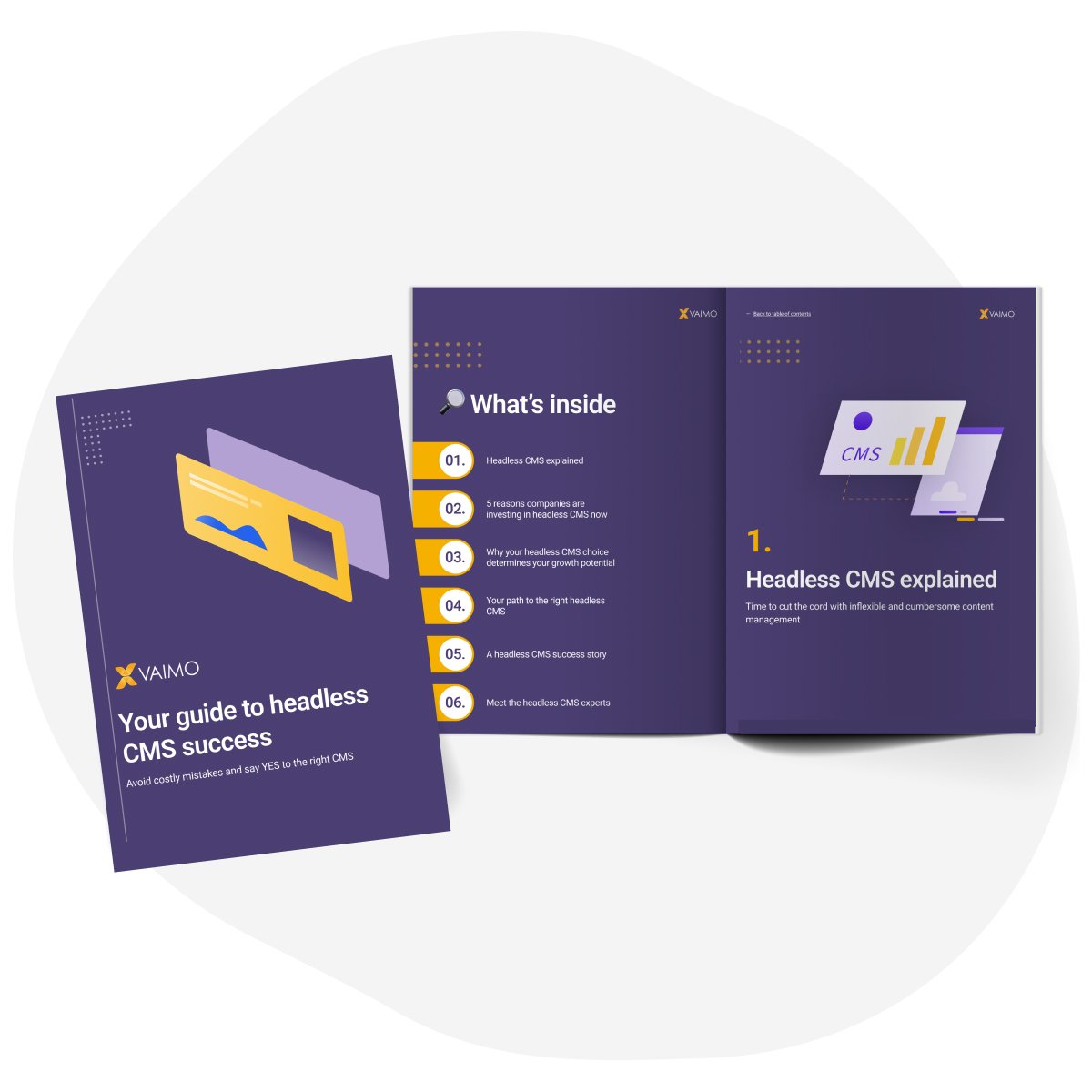 Image of the headless cms guide as if it were a physical book, with the cover and two open pages