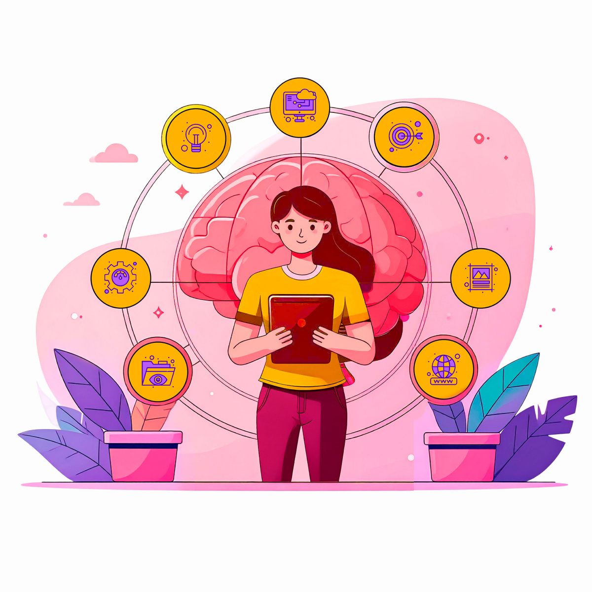 Illustration of a woman looking at a tablet, surrounded by yellow icons