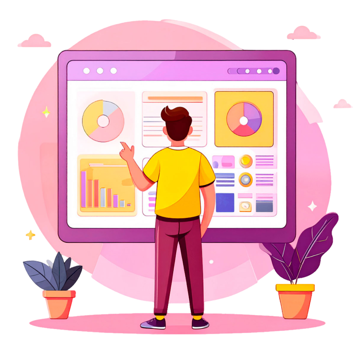 Cartoon image of man standing in front of screen