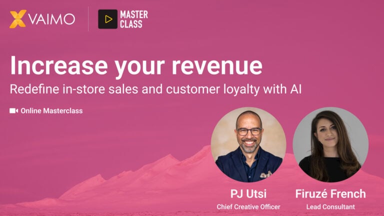 AI sales assistant promotional webinar with mountains background with pink overlay and speaker images