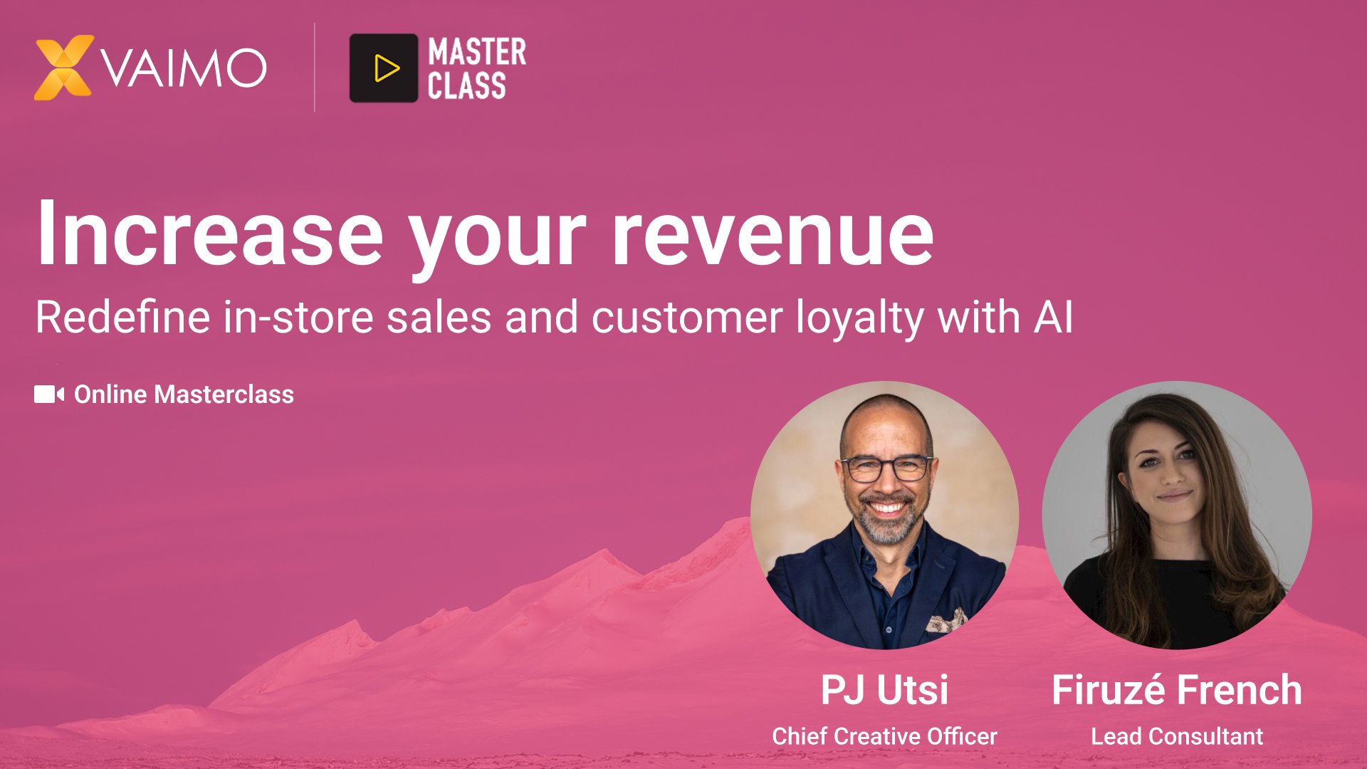 AI sales assistant promotional webinar with mountains background with pink overlay and speaker images