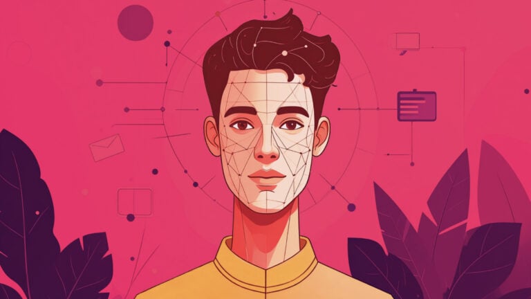 Cartoon image of man's face, pink backdrop