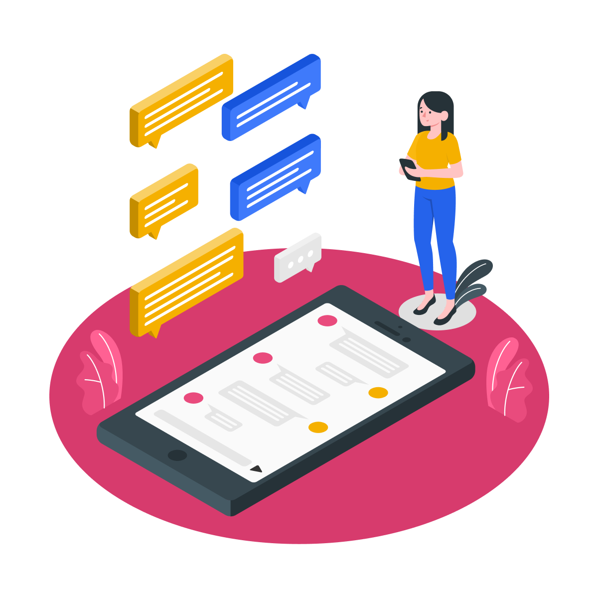 Cartoon woman standing on giant mobile phone